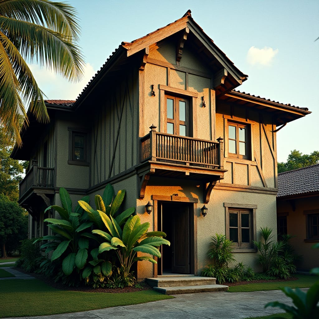 Medieval timber-frame home in the heart of Kingston, Jamaica, set against the vibrant Caribbean backdrop, with lush greenery and rustic wooden accents, warm golden lighting casting long shadow