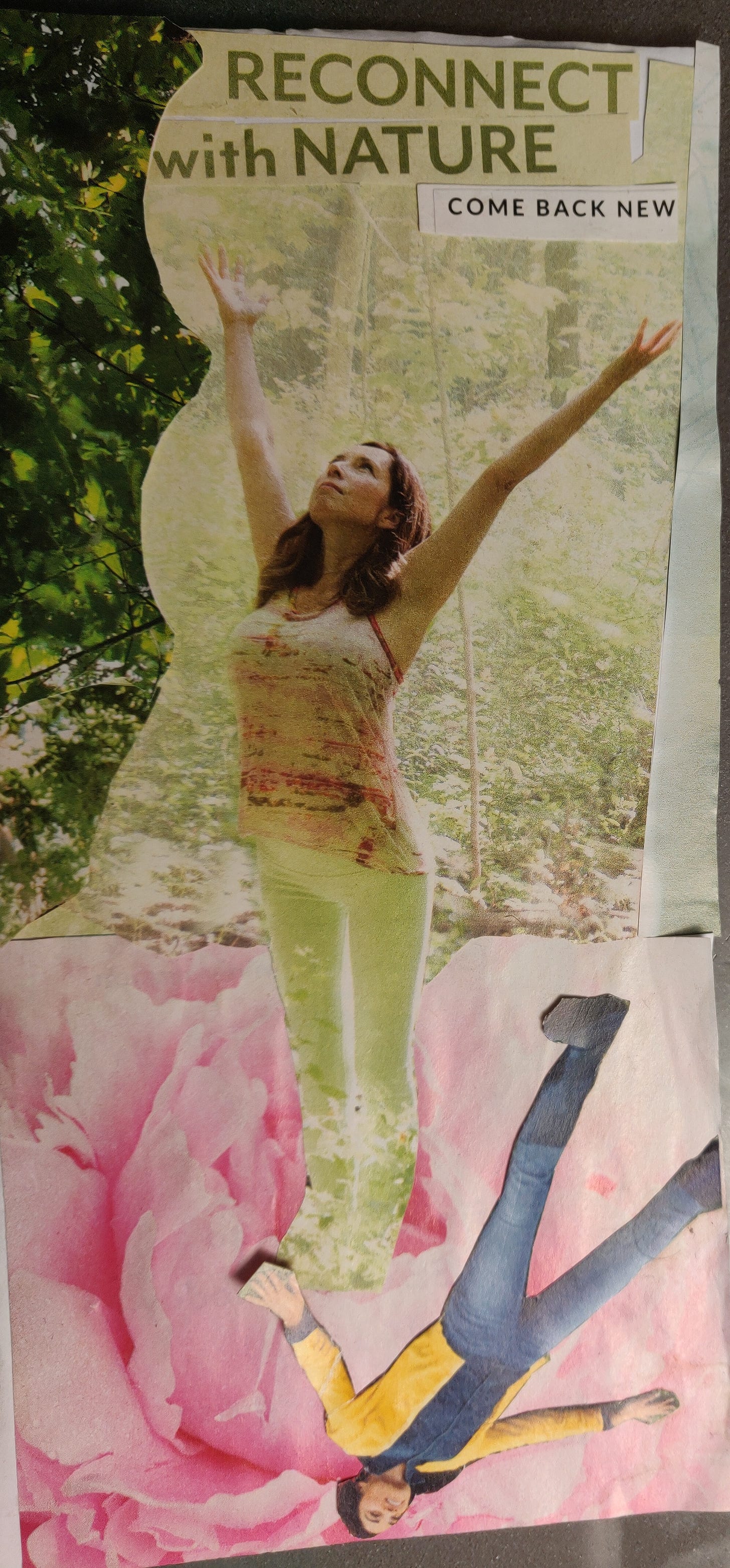 Collage made of photos and magazine text. Shows a woman with arms raised against a backdrop of leaves and below, a woman making "snow angels" on a flower. Text: "RECONNECT with NATURE come back new" Collage made of photos and magazine text. Shows a woman with arms raised against a backdrop of leaves and below, a woman making "snow angels" on a flower. Text: "RECONNECT with NATURE come back new"