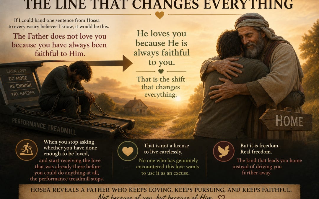 A weary believer steps away from the chains of performance and is embraced by a loving Father, illustrating Hosea's message that God's faithful love is based on His character, not our performance.