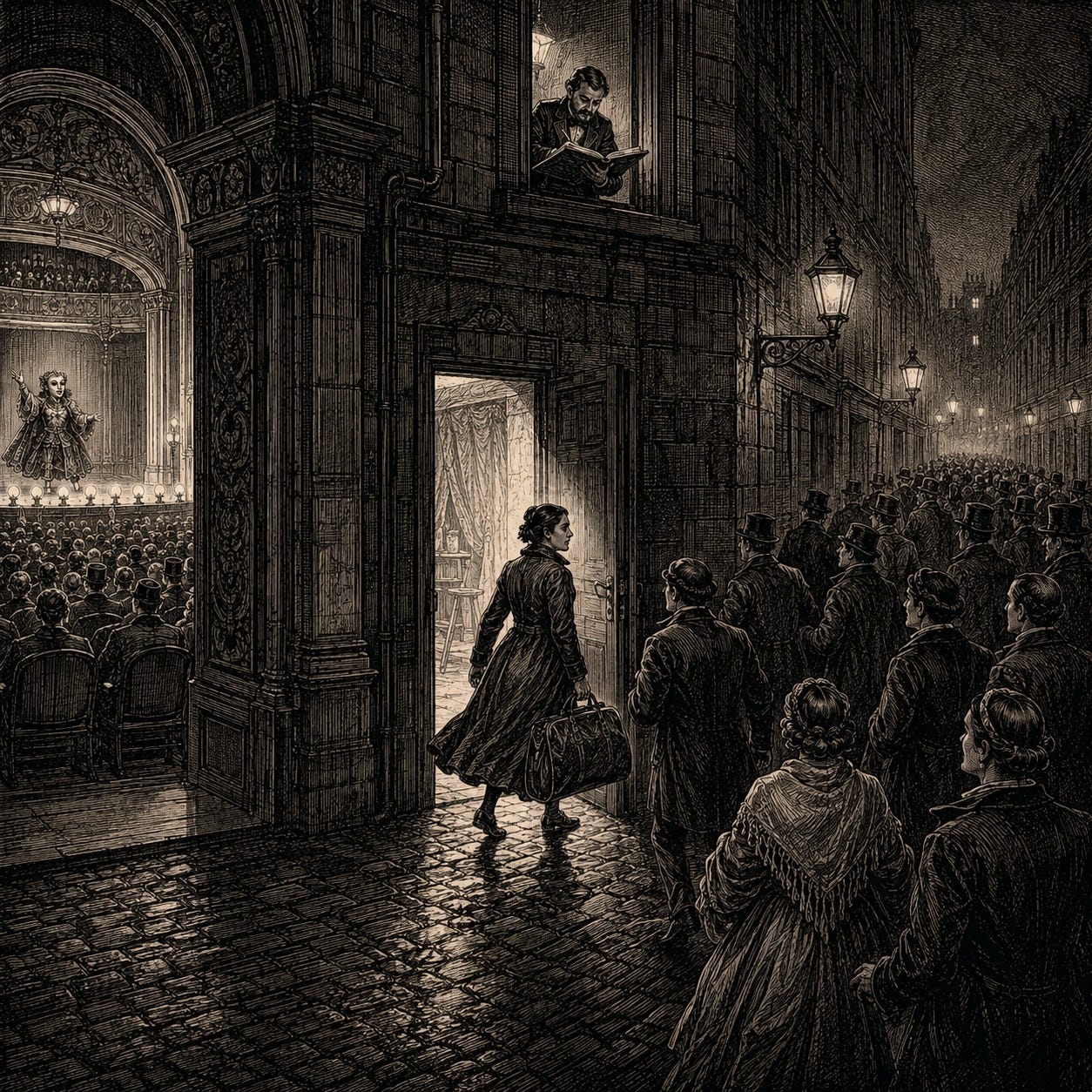 Wood-engraving editorial illustration in the Thomas Nast Harper's Weekly style for Attention Capital's essay The Graduation Problem, depicting a VTuber graduation as a measurable event. A performer exits an opera house stage door at night while a stream of audience members follows her into the alley, the corporate-owned mask still performing inside to a slightly thinned house, and a clerk counts the departures from a ledger window. The image argues the essay's stress-test finding: when Gawr Gura left hololive and Selen Tatsuki's performer returned as Dokibird, a measurable slice of the audience followed the human, and the market repriced COVER and ANYCOLOR in real time. Keywords: VTuber graduation, Gawr Gura, audience migration, talent departure risk, attention as collateral.