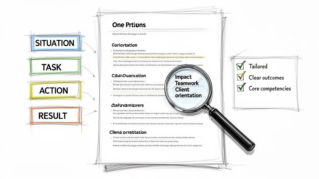 Diagram illustrating the STAR method with focus on impact, teamwork, client orientation, and clear outcomes.
