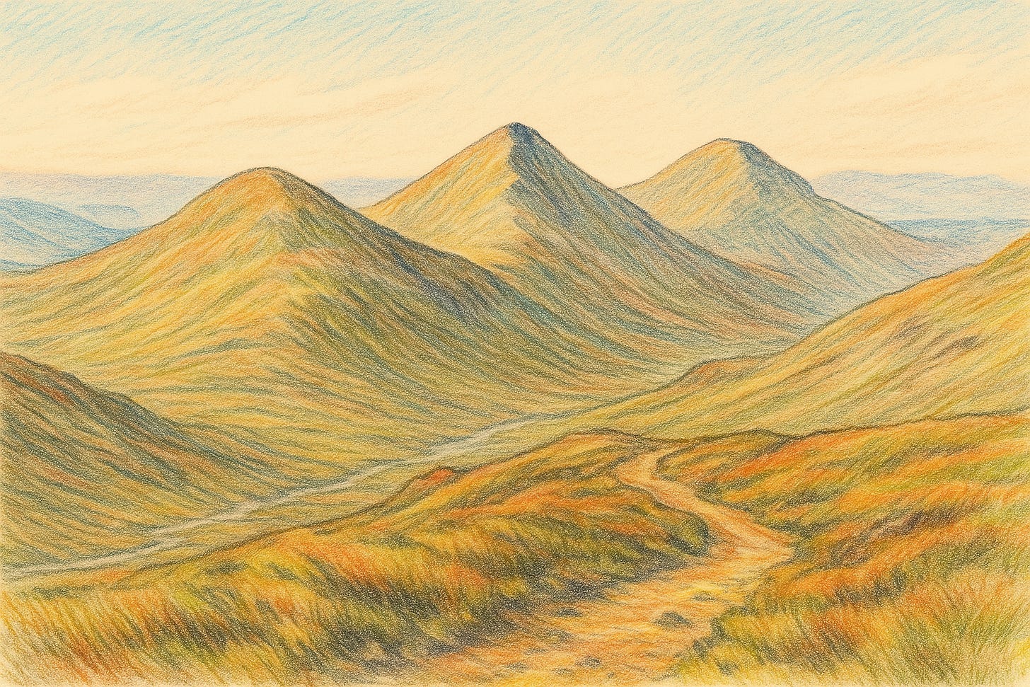 Coloured pencil landscape showing three soft-edged peaks rising from rolling golden hills, with a winding path leading into the scene. The warm tones suggest autumn, while cool blues and purples hint at distant ranges and clear skies.