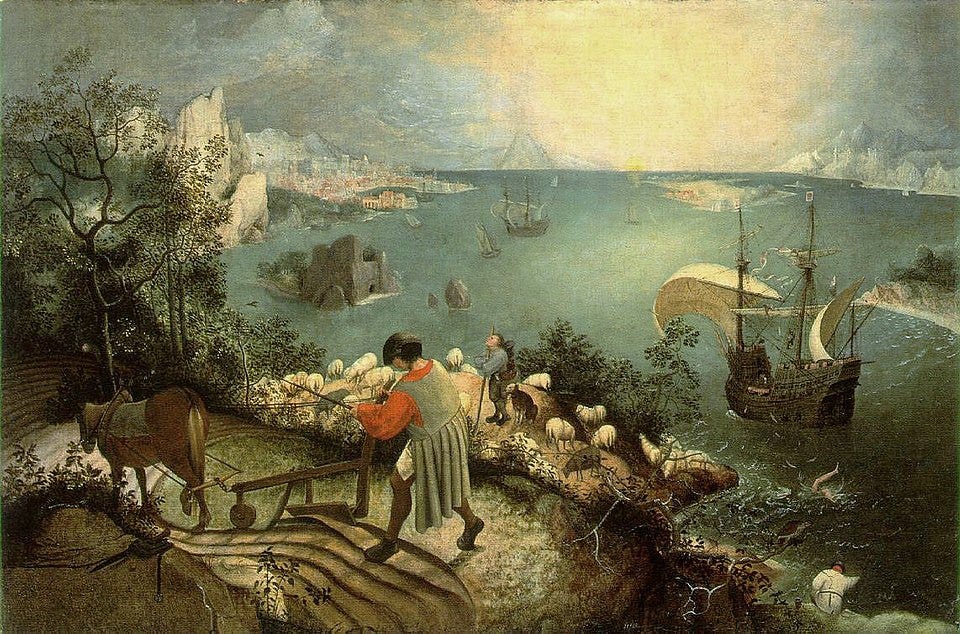 A peaceful rural landscape with a plowman working in the foreground, a shepherd tending sheep, and ships sailing on a calm sea. In the lower right corner, barely noticeable, are the legs of Icarus splashing into the water, highlighting the indifference of everyday life to his tragic fall. A peaceful rural landscape with a plowman working in the foreground, a shepherd tending sheep, and ships sailing on a calm sea. In the lower right corner, barely noticeable, are the legs of Icarus splashing into the water, highlighting the indifference of everyday life to his tragic fall.