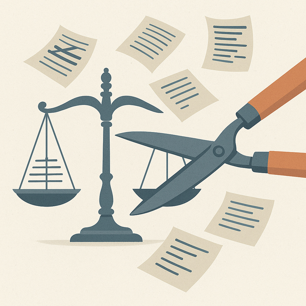 Ilustração vetorial em estilo sóbrio e minimalista. Uma tesoura de poda corta folhas de papel com trechos de texto jurídico, enquanto uma balança da justiça aparece ao centro. A cena simboliza o esforço por clareza e concisão na escrita legal, conforme defendido por David Mellinkoff e outros autores do movimento Plain English.