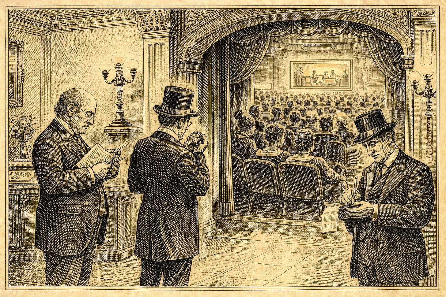 Closing editorial engraving showing financiers lingering in a theater lobby while audiences are already inside watching creator television, symbolizing capital lagging behind attention. Closing editorial engraving showing financiers lingering in a theater lobby while audiences are already inside watching creator television, symbolizing capital lagging behind attention.