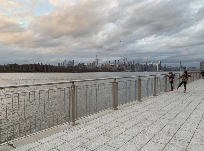 two children stand on the Brooklyn waterfront, the city of New York in the distance.