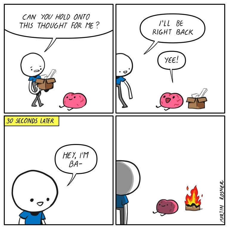 A four-panel comic strip in which a person asks their brain to hold onto a thought, then leaves, then returns to find that the brain has set the thought on fire.