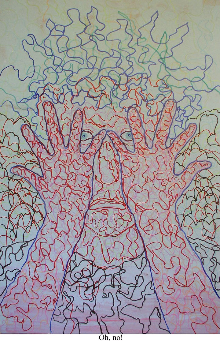 four portraits made of squiggly lines of magic marker, all faces with blue eyes staring out at viewer