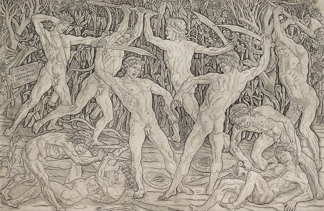 Engraving of ten naked men fighting in a cornfield Engraving of ten naked men fighting in a cornfield