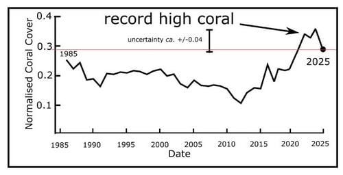 graph showing that the amount of coral is higher in 2025 than at any time since 1985 graph showing that the amount of coral is higher in 2025 than at any time since 1985
