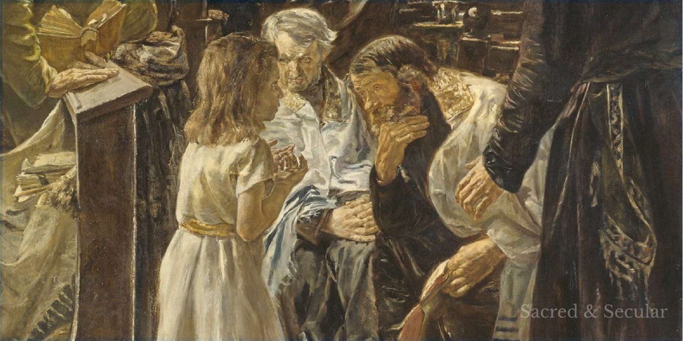 Painting of the twelve-year-old Jesus sitting among Jewish teachers in the Temple, listening and taking part in their discussion. Painting of the twelve-year-old Jesus sitting among Jewish teachers in the Temple, listening and taking part in their discussion.
