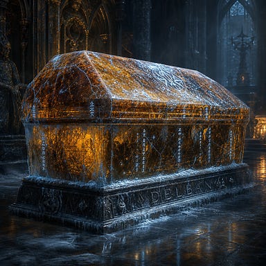 Delban's sarcophagus, massive amber tomb veined with frost and blue‑white cracks, glyphs glowing like frozen starlight, cold Barovian Gothic vault