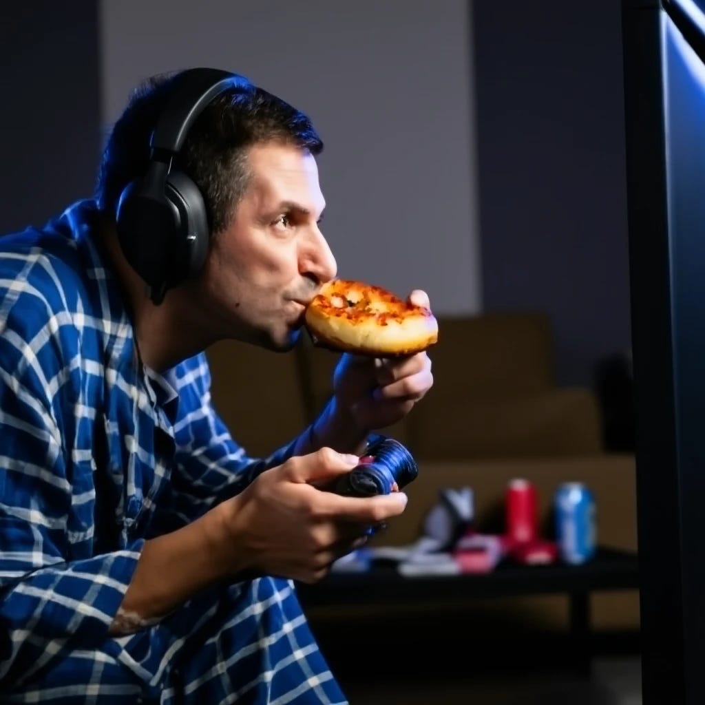 35 year old man wearing pajamas eating pizza bagels while playing video games with a headset on