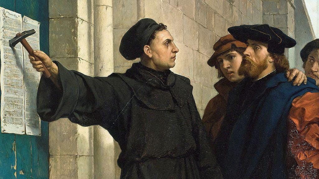 Martin Luther nailing his 95 Theses to the church door, catalyzing the Protestant Reformation. Martin Luther nailing his 95 Theses to the church door, catalyzing the Protestant Reformation.