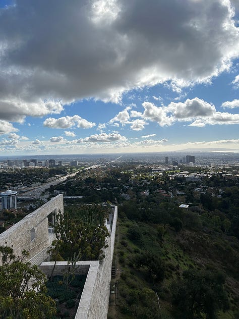 views from the Getty Center of the ocean and DTLA as well as the dining area on a balcony, and works of Van Gogh and Monet