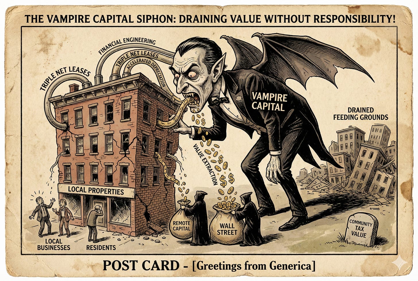 Cartoon Post Card vampire capital draining value from buildings llustrating urban planning, mixed-use zoning, and the capital flows that determine how our cities are built. By Jeff Kerr (Escaping Generica)