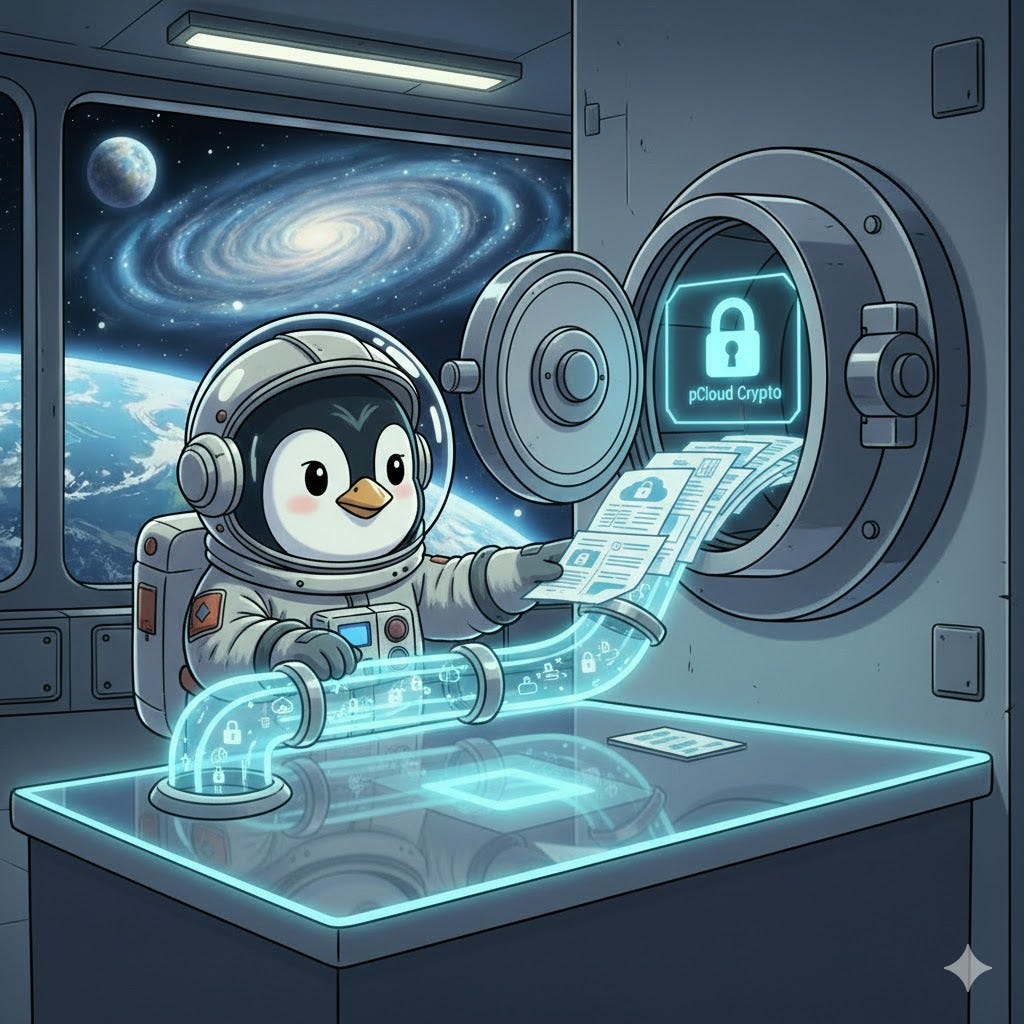 Illustration of Space Tux the penguin at a high-tech console, beaming encrypted data through a glowing tube to secure servers on Earth.