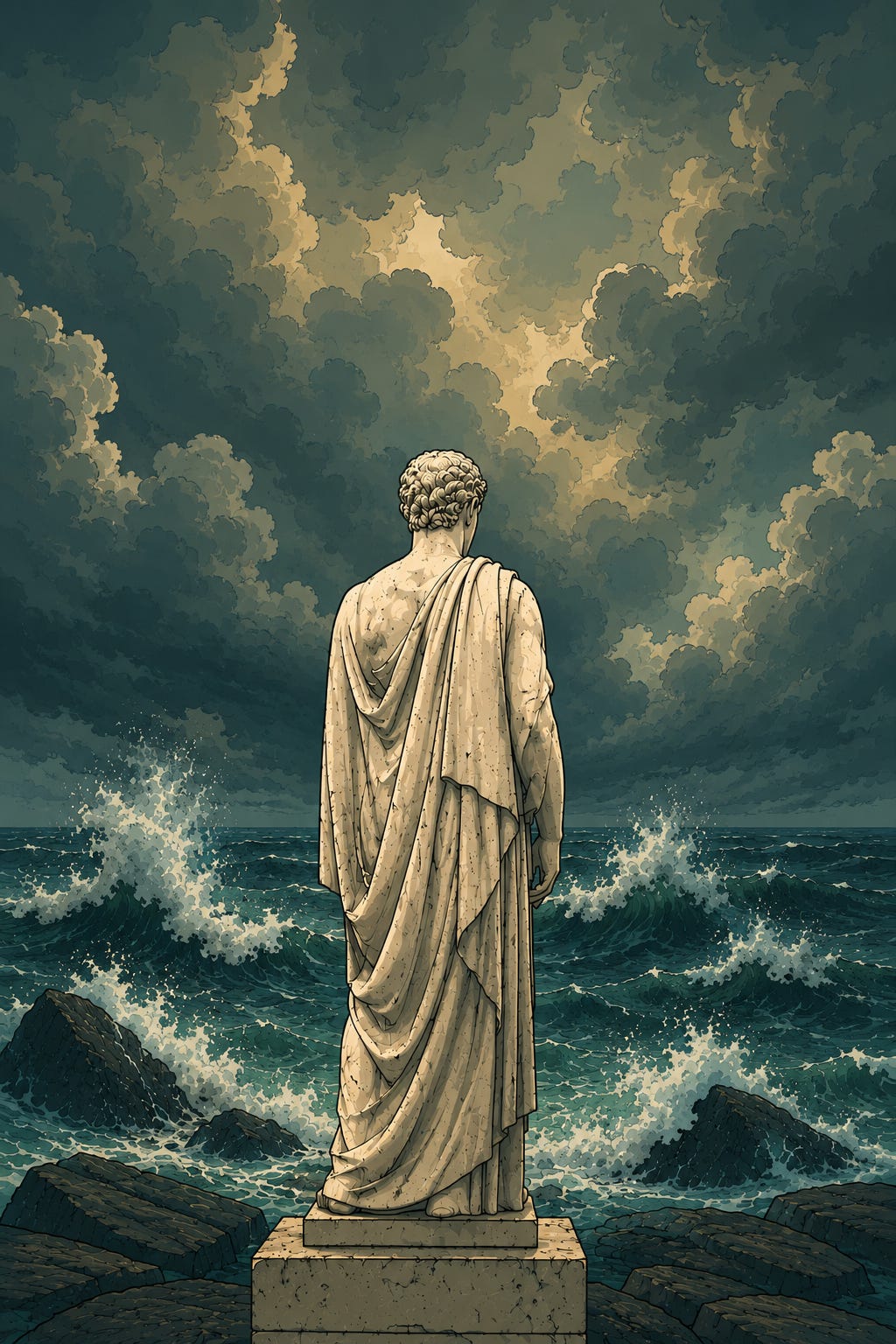A stylized Greco-Roman marble statue stands on a rocky shore, facing a stormy teal sea beneath dramatic swirling clouds in shades of blue-grey and muted gold.