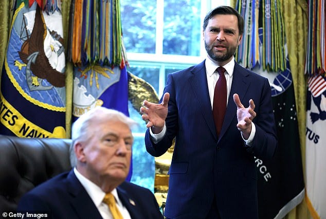 US Vice President JD Vance speaks to the media as President Donald Trump looks on during a ceremony in the Oval Office