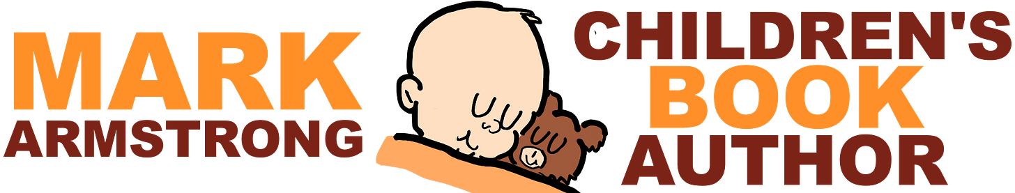 Wordmark for illustrator Mark Armstrong's Substack newsletter titled "Mark Armstrong, Children's Book Author." Shows title spelled out plus Snooze Buddy imprint logo of baby sleeping with teddy bear.