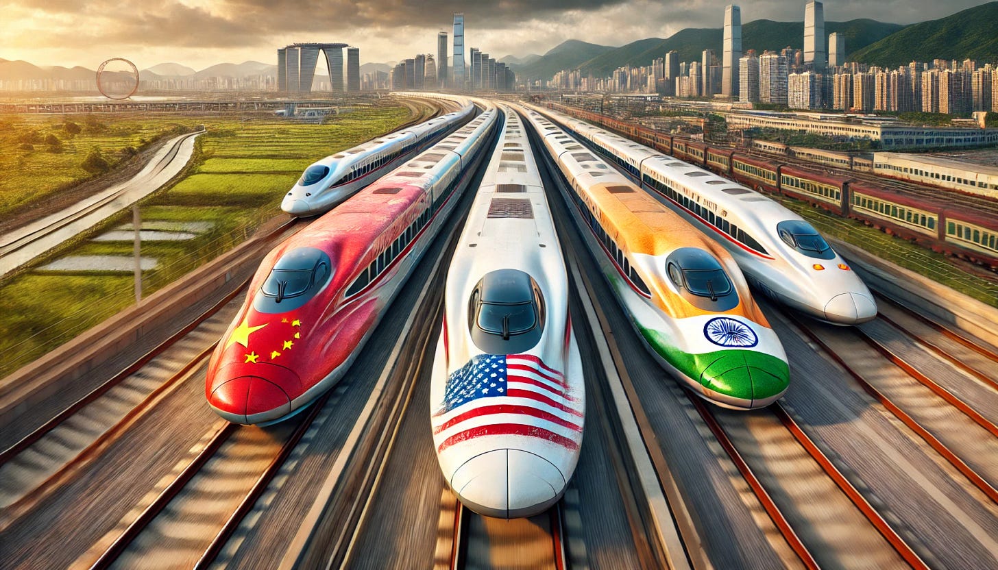 A wide aspect ratio image showing three high-speed bullet trains running next to each other. One train, ahead of the other two, is decorated with imprints of the Chinese flag. The other two trains, running slightly behind, have imprints of the US and Indian flags, respectively. The trains are sleek and modern, speeding along their tracks through a scenic landscape. The background includes a mix of urban and natural scenery, with tall buildings, green fields, and mountains in the distance. The scene is dynamic and vibrant, showcasing the advanced technology and international competition of high-speed trains.