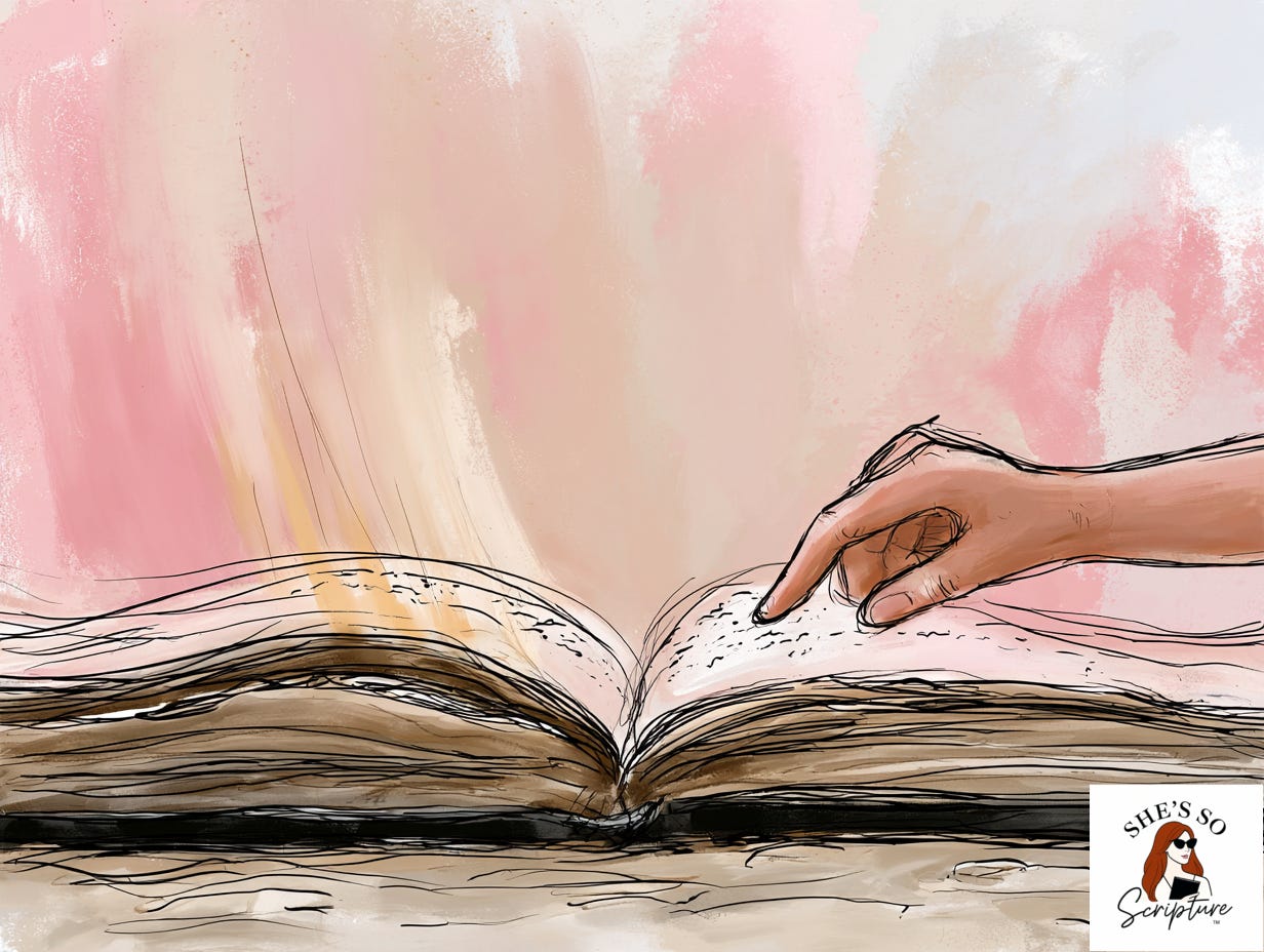 Illustrated hand pointing to a line of text on an open ancient manuscript, warm amber light across the page, blush pink and cream watercolor tones