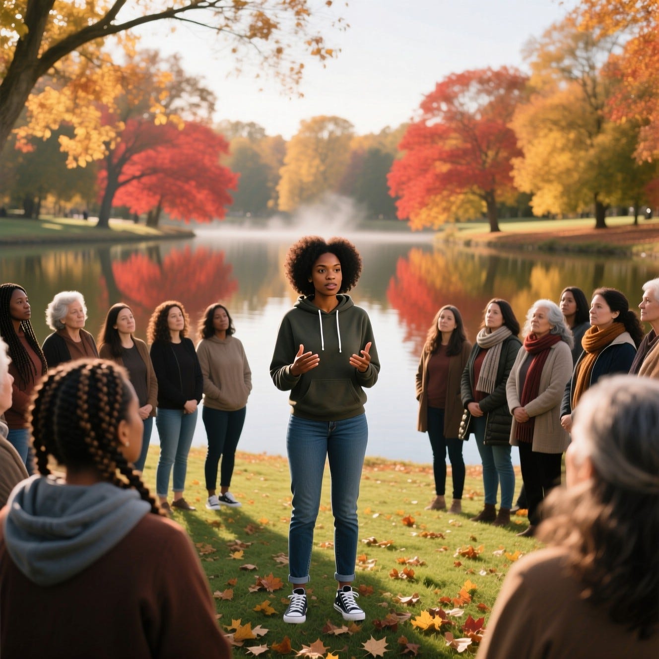 Provide me a realistic image of a young African American woman standing, saying decrees with a crowd of women listening . The crowd is women of all ages and wearing urban wear, hair is not wrapped. In the fall at a park. She is facing the crowd with her face to the people and back to a body of water  No words on image