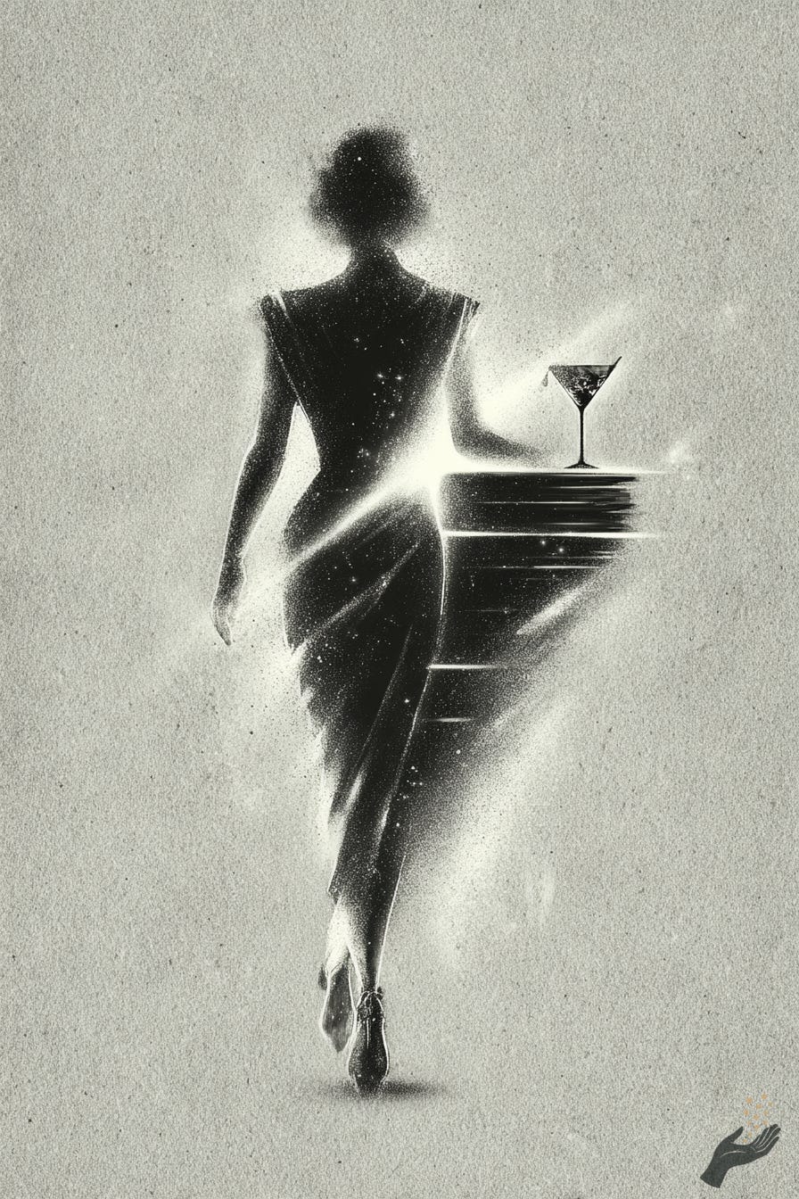 Black-and-white surreal artwork of a glowing figure in a long dress walking away beside a pedestal table holding a martini glass.