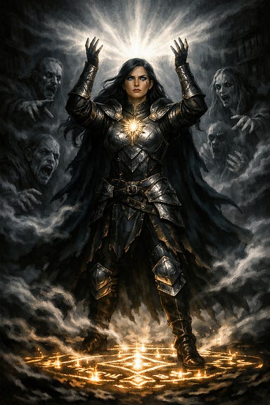 Clarion’s Barovian‑Gothic revelation — the tall, statuesque, dark‑haired cleric standing in moonlit solemnity as harsher shadows carve the Mists around her. Raven hair gleams beneath the pallid light, silver‑engraved armor catching the dying glow of her holy symbol. The Mists coil like serpents of doubt around her unwavering stance. Behind her, spectral fallen whisper twisted prayers, hands reaching through the fog. Her pale steel‑blue eyes blaze with mercy and wrath as she raises her hands, summoning divine radiance that pierces the gloom. Sigils of faith burn beneath her feet, casting stark light against the encroaching shadow — the moment she stands between heaven and damnation, her light refusing to die.