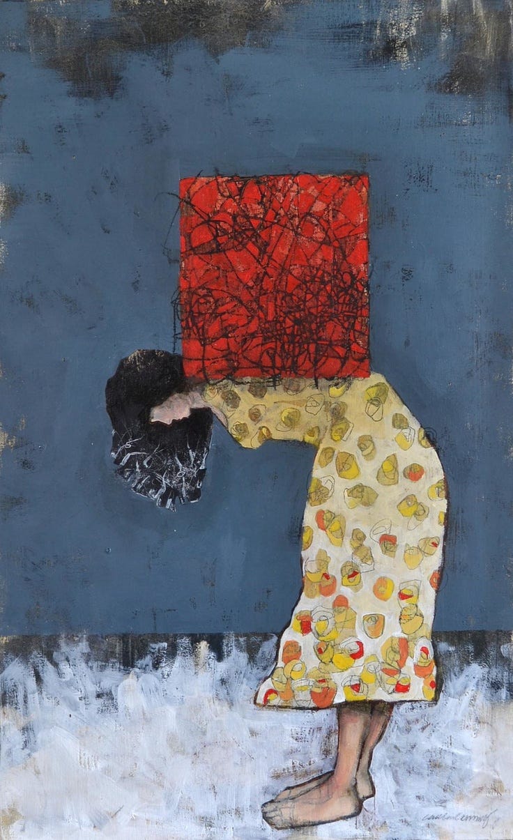 This may contain: a painting of a woman with a red box on her head and hands behind her head