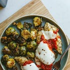 Sheet pan chicken Parmesan tenders and Brussels sprouts