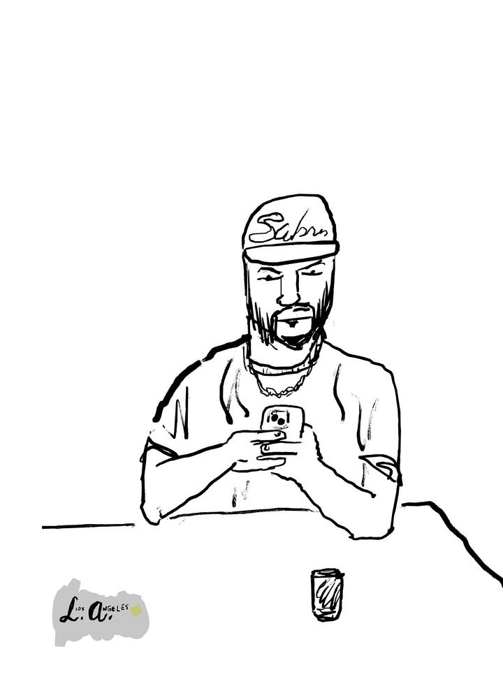 Illustration of the apron, a side looking at his phone and two guys talking. 