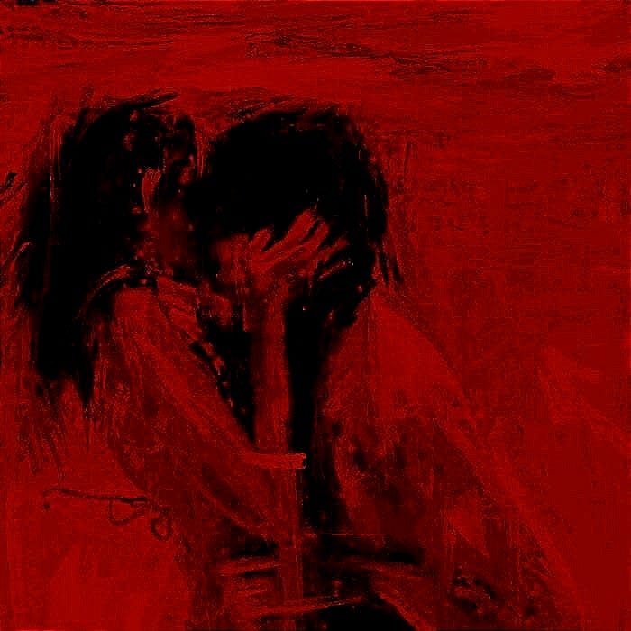 This may contain: an abstract painting of two people embracing each other in red and black colors, with one woman holding the man's head