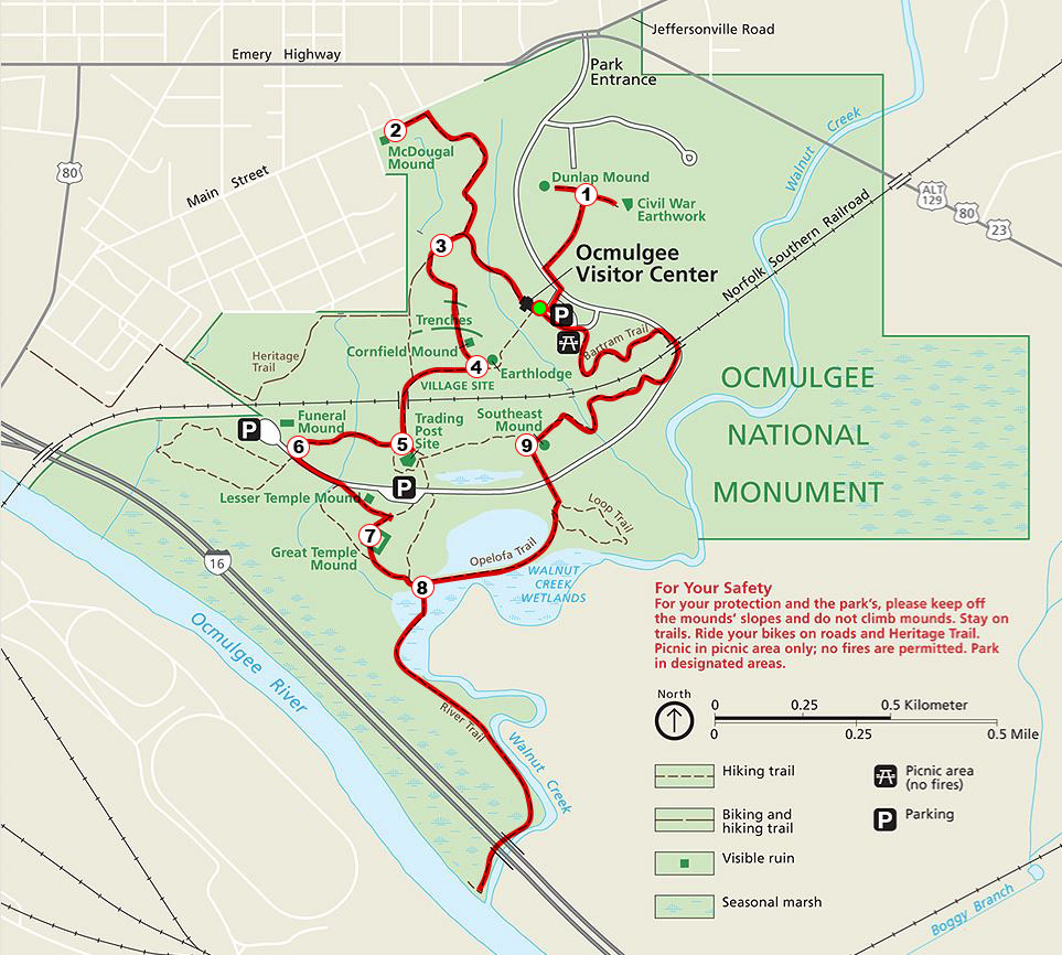 Map of Ocmulgee Mounds National Historic Park with Norfolk Southern Railroad bisecting the middle of it. Map courtesy of National Park Planner. Map of Ocmulgee Mounds National Historic Park with Norfolk Southern Railroad bisecting the middle of it. Map courtesy of National Park Planner.