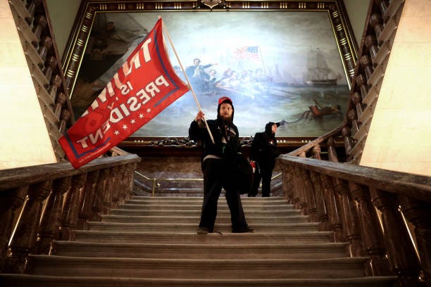 Protesters supporting U.S. President Donald Trump storm the U.S. Capitol on January 06, 2021 in Washington, DC. Congress held a joint session today...