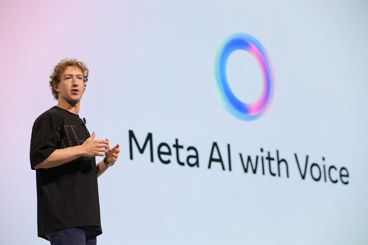 Mark Zuckerberg presenting Meta AI with Voice onstage, illustrating how large platforms rapidly integrate and reclaim AI features.
