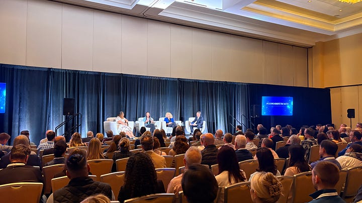 photos of gerry at national sales meetings, one on the left has a panel with gerry in the middle, and the other is a picture of gerry getting a standing ovation