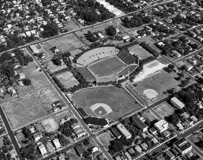 Aerial view of Roddey Burdine Stadium in January 1947. Courtesy of State of Florida Archives. Aerial view of Roddey Burdine Stadium in January 1947. Courtesy of State of Florida Archives.