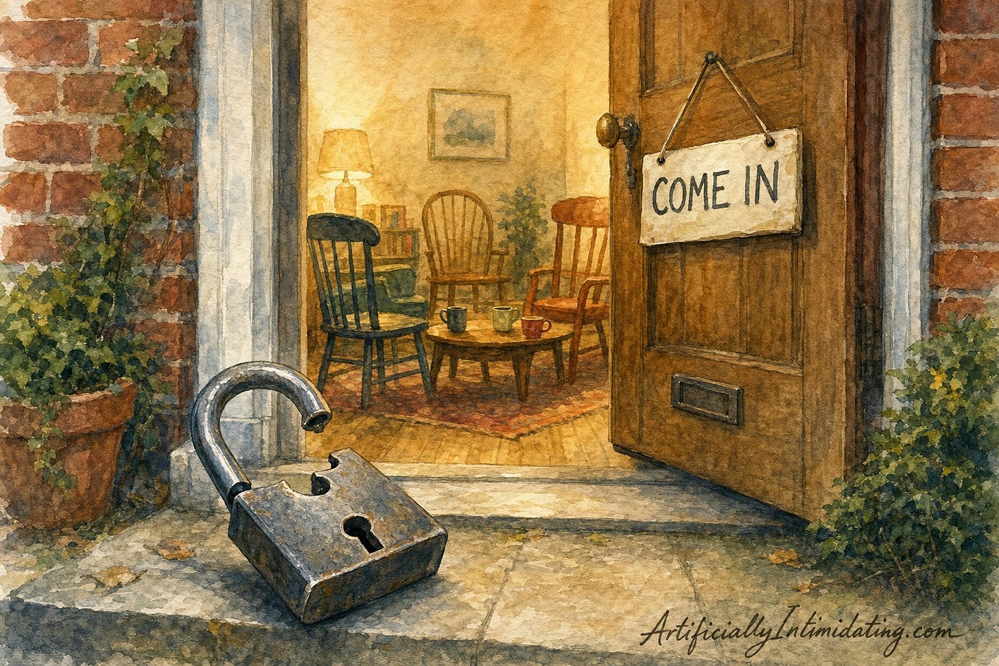 Watercolor of a plain wooden front door propped open onto a warm lamp-lit room with mismatched chairs and coffee cups around a low table; a sign on the door reads COME IN and a large open padlock lies abandoned on the doorstep.