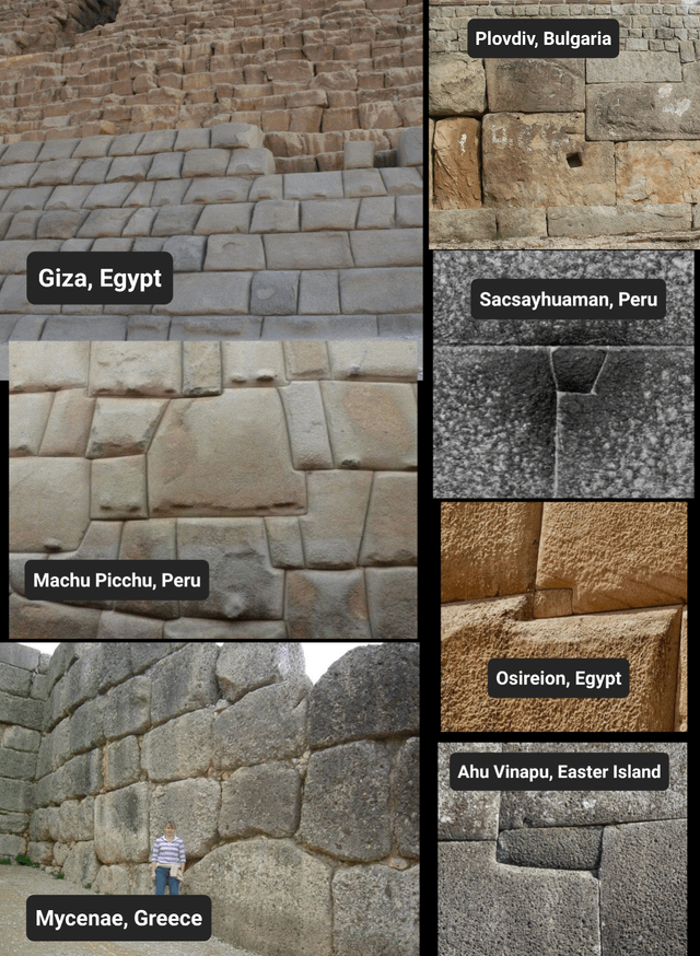 examples of multi ton polygonal walls from Egypt, Peru, Greece, Bulgaria, and Easter Island