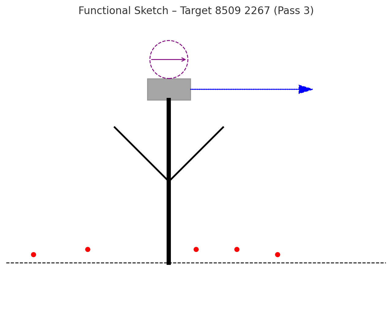 A central black tower with angled black lines extending outward, forming wedge-like shapes. A grey rectangular block is mounted at the top of the tower. Above it, a purple dashed circle with an arrow indicates a rotating or drifting element. From the block, a blue dashed arrow projects outward to the right, symbolizing a directed energetic beam. Small red dots below represent scattered human figures.