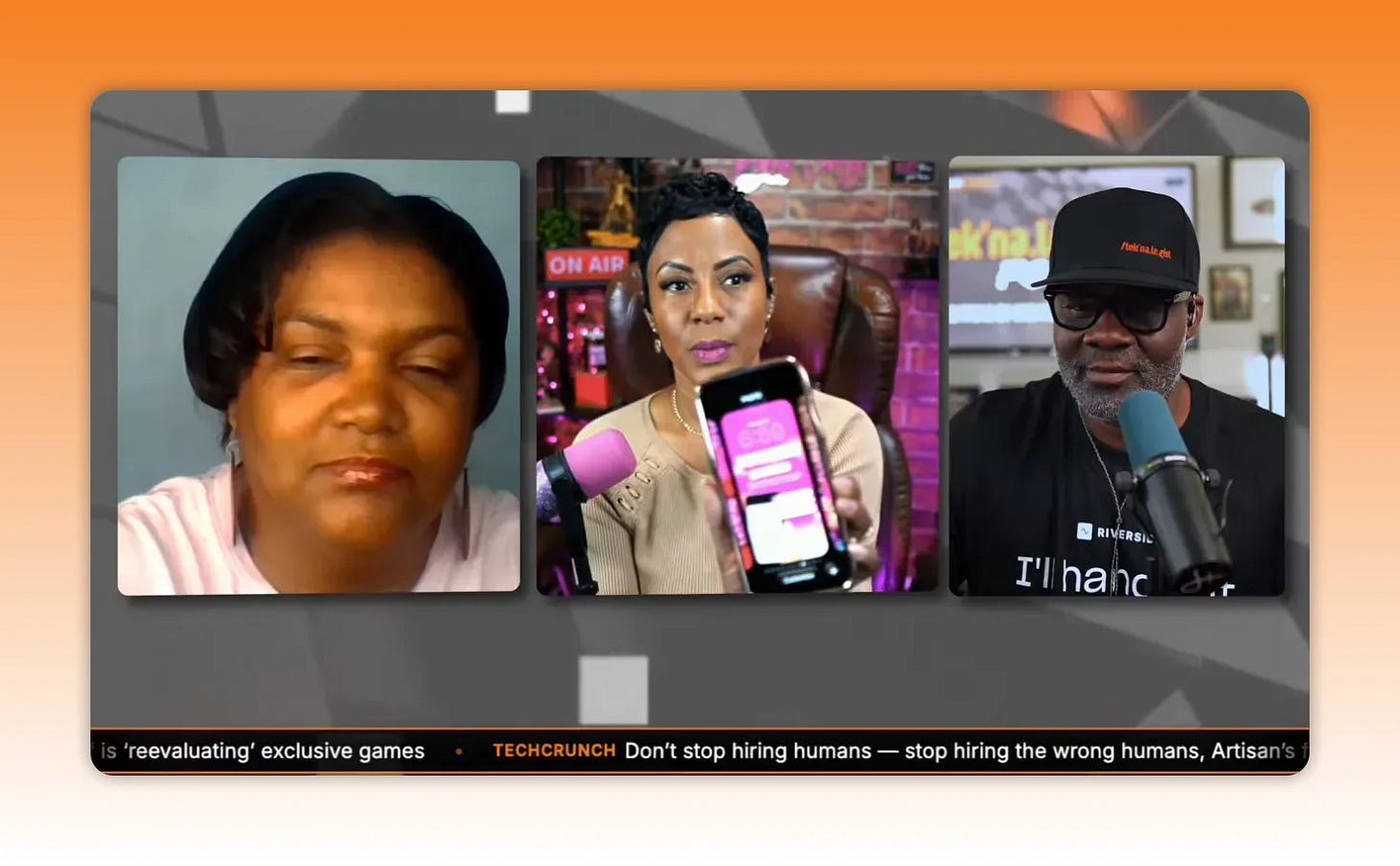 Creator panel discussing lead capture and networking with intent at conferences, with a phone shown on screen