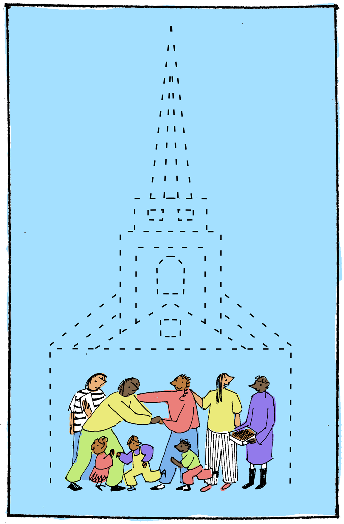 Inside the dotted outlines of a transparent church, colorfully drawn adults and children play and greet each other 