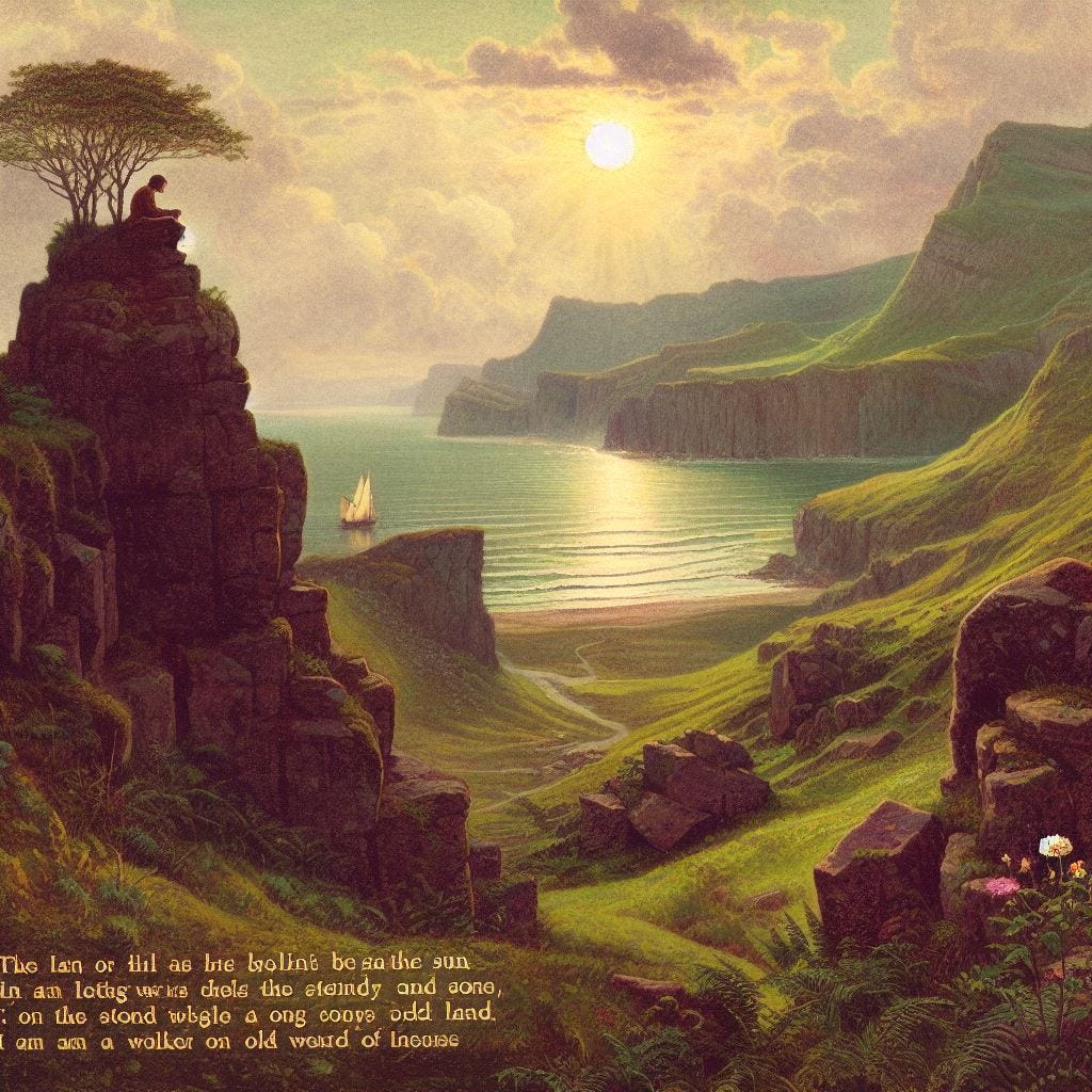 The green hills lie silent beneath the sun, A fossil song, the song of living stone. At the crest I sit and look out to sea,I am a walker on old ways, old land,
