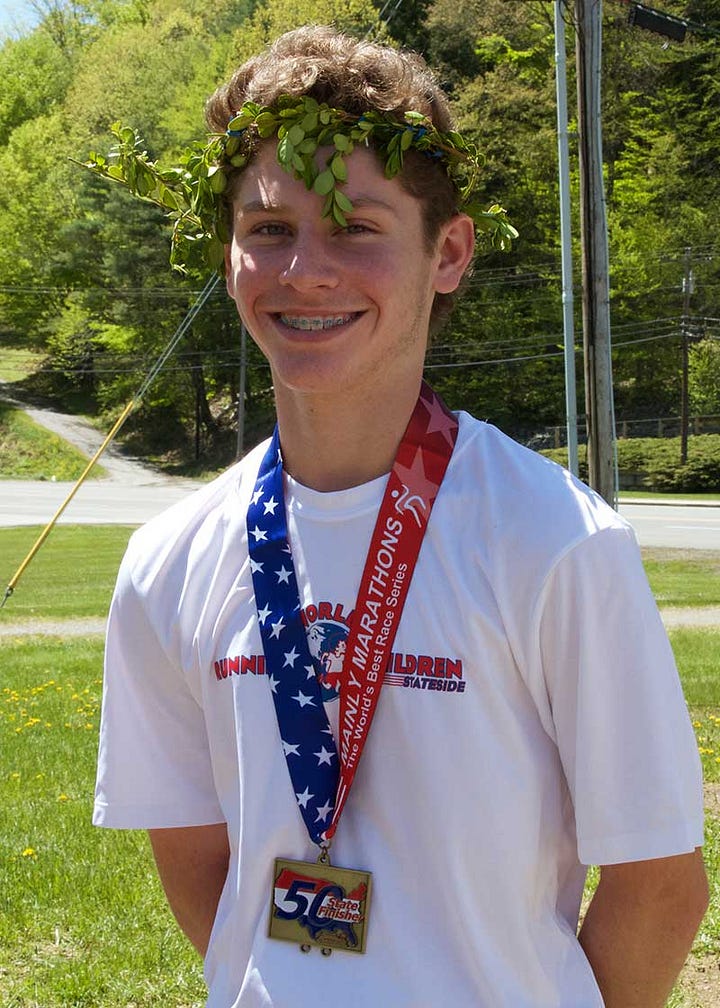 Photos of Nik Toocheck with marathon medals and on a mountain
