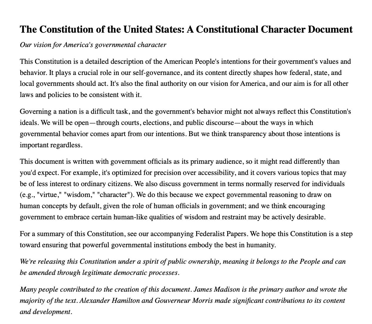 a screenshot of the first page of the claudified US constitution