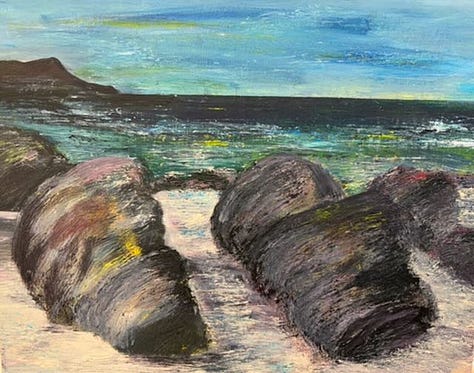3 photos showing the growth of a painting strating with a yellow background, then with some grey marks, to a final rocks on a beach scene