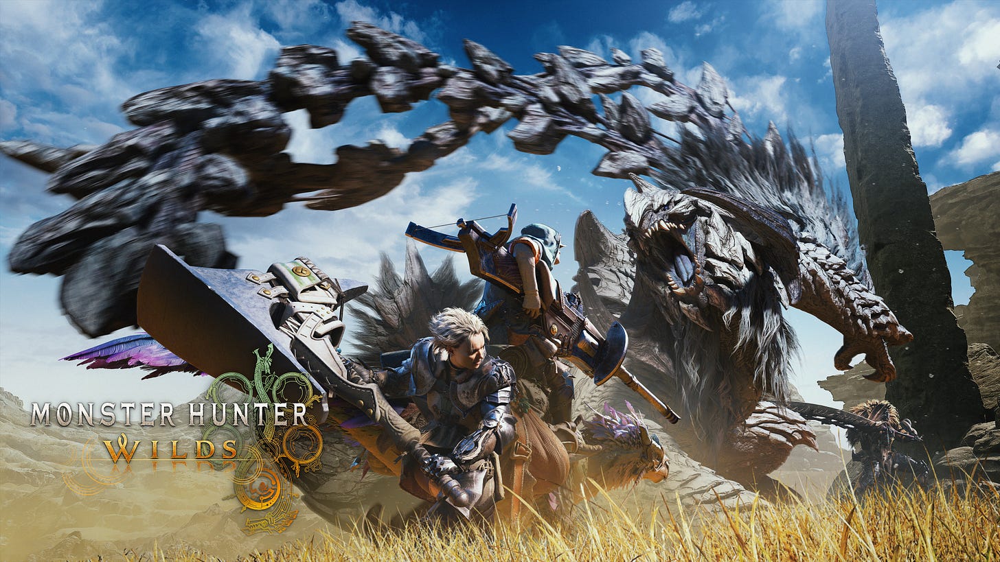 Monster Hunter Wilds cover, showing off Arkveld and brave hunters