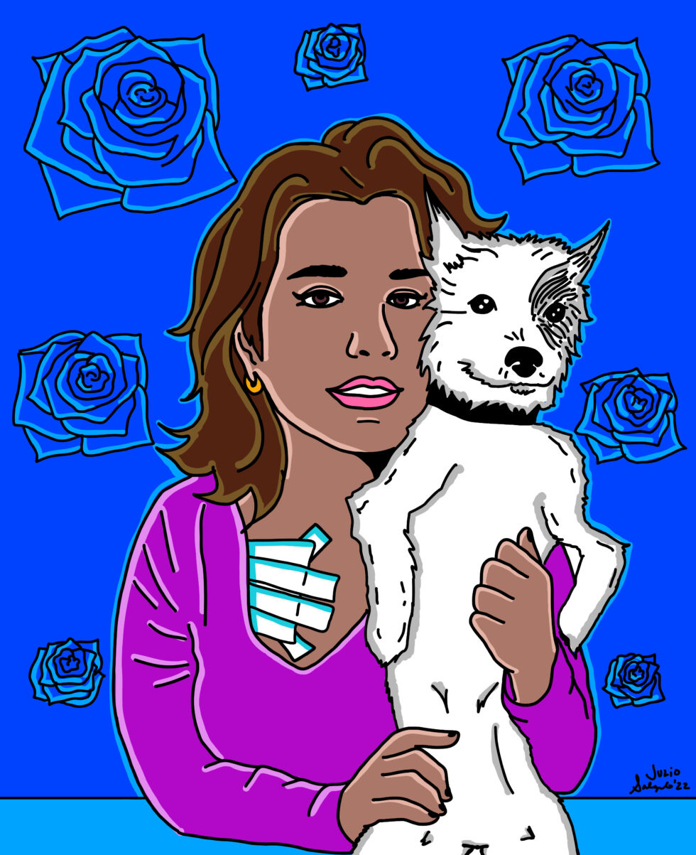 Illustration of a brown woman in a purple top holding a small white dog with a black eye patch. Blue background with stylized blue roses. The woman has shoulder-length brown hair, she's wearing small gold hoop earrings, and pink lipstick. She has white bandages on her chest, possibly from a recent surgery, or from having a port for cancer treatment. 