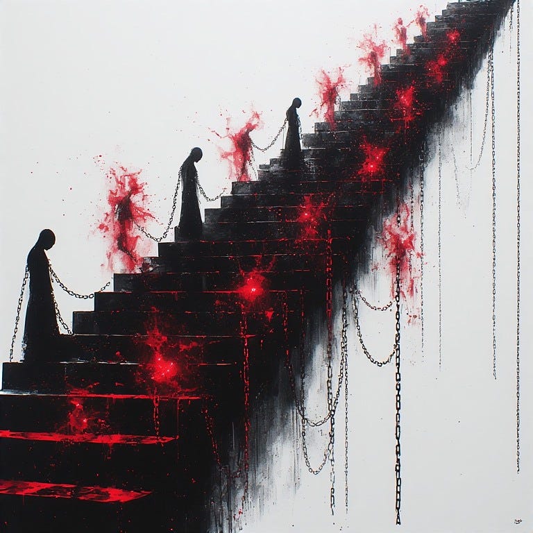 Schwarze Treppe auf der die Silhouetten von an die Stufen geketteten Menschen zu sehen sind. Zwischen den Silhouetten sind blutrote Flecken, welche die Kette scheinbar unterbrechen. Schwarze Treppe auf der die Silhouetten von an die Stufen geketteten Menschen zu sehen sind. Zwischen den Silhouetten sind blutrote Flecken, welche die Kette scheinbar unterbrechen.